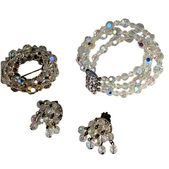 Vtge70's Set of Aurora crystal bracelet clip earrrings/pin.Bracelet 7.25"pin2" - Picture 2 of 9